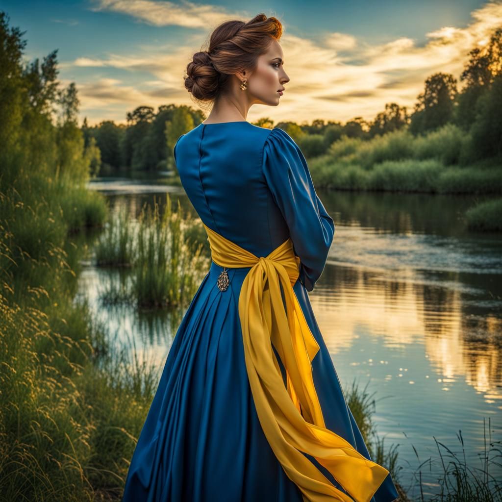 Young Woman at Riverbank in Tarot Card Style