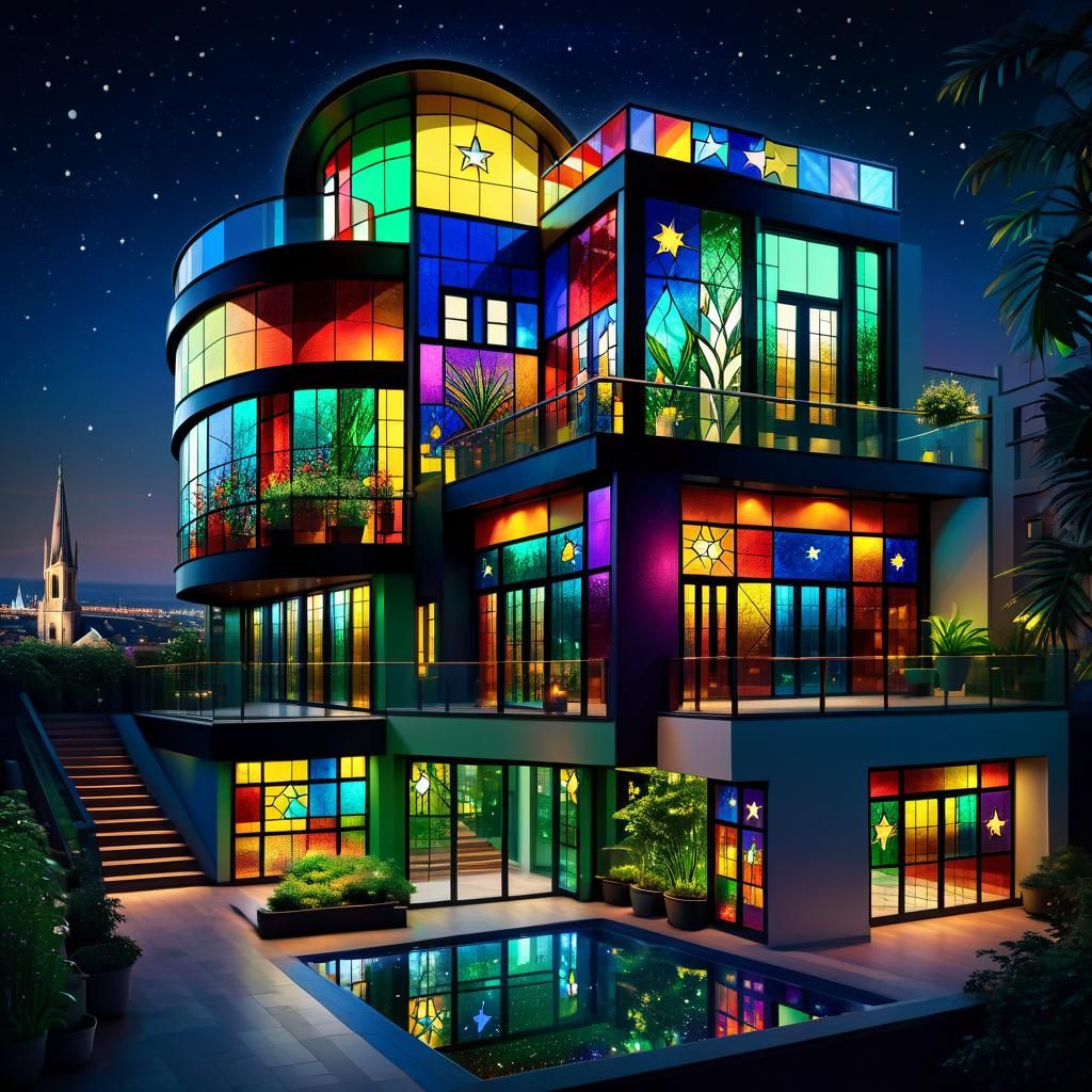 Illuminated Stained Glass House with Cityscape View