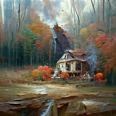Autumnal House in Woods, Oil Painting Style