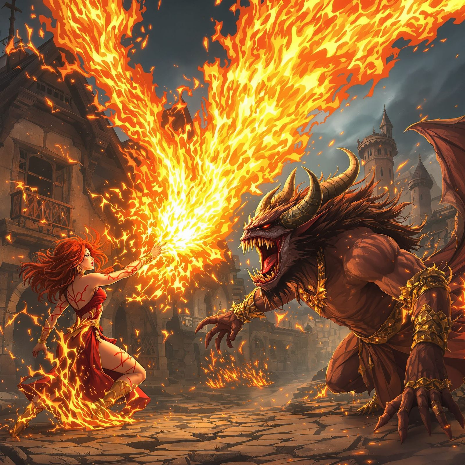 Fiery Sorceress Battles Demon in Medieval Village Anime Styl...