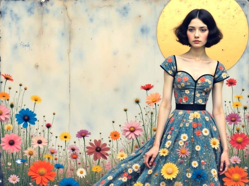 Woman with Floral Background in Klimt Art Nouveau Style