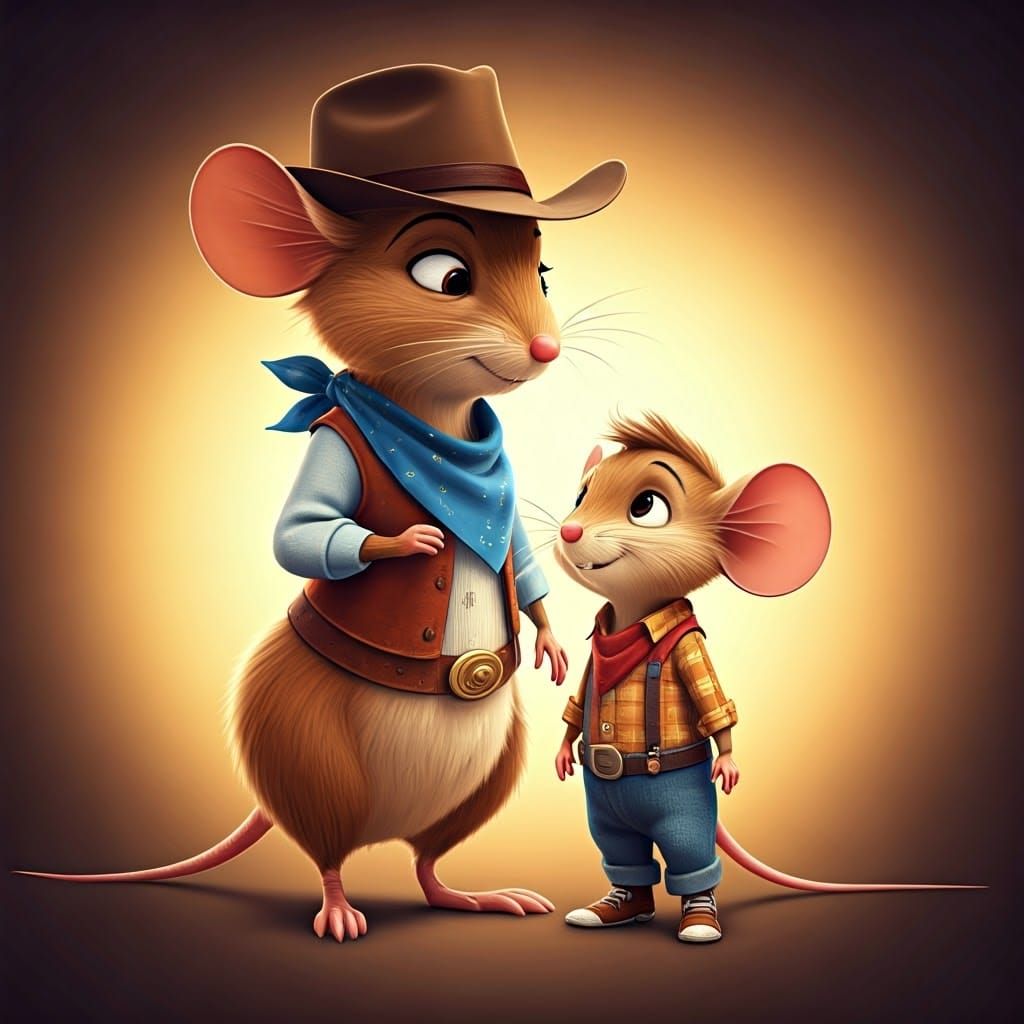 Brown Mouse Father and Son in Country Attire, 3D Digital Art
