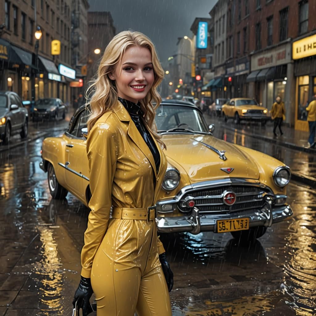 Hyper realistic mode, very nice blondes long hair, smiling in wet glossy tight latex suit, high heels, gloves, belt, pos...
