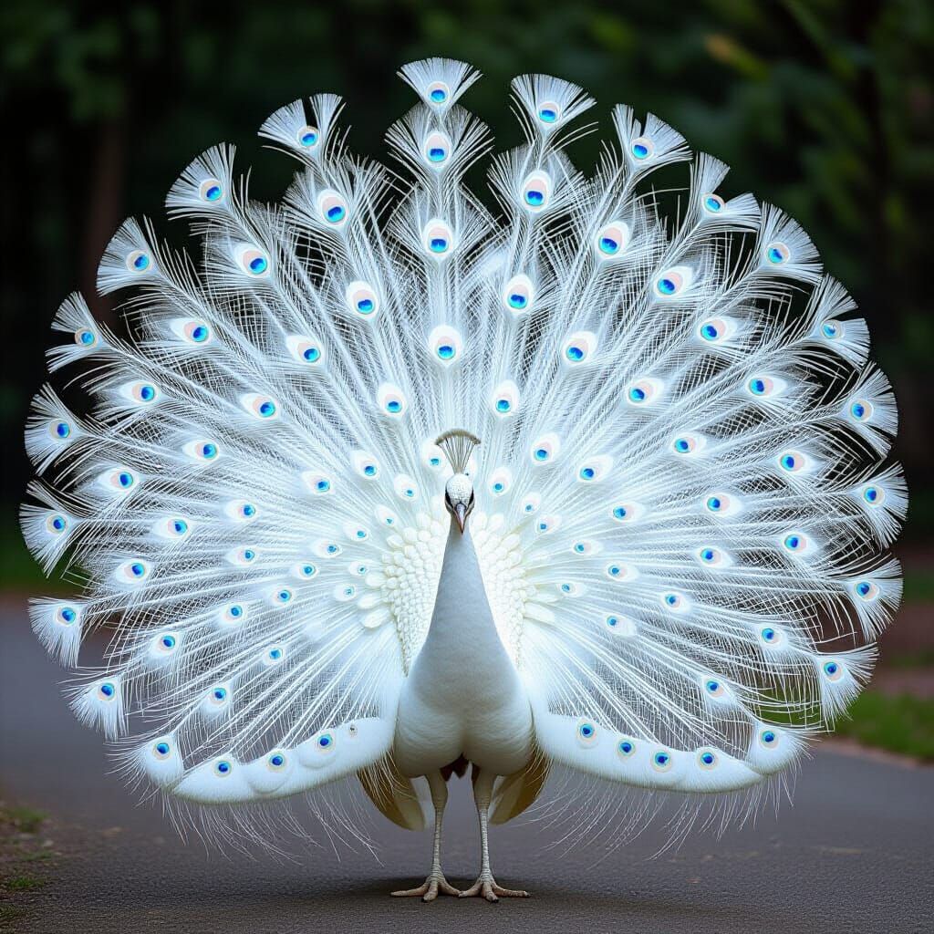 Majestic White Peacock Displaying Tail Feathers