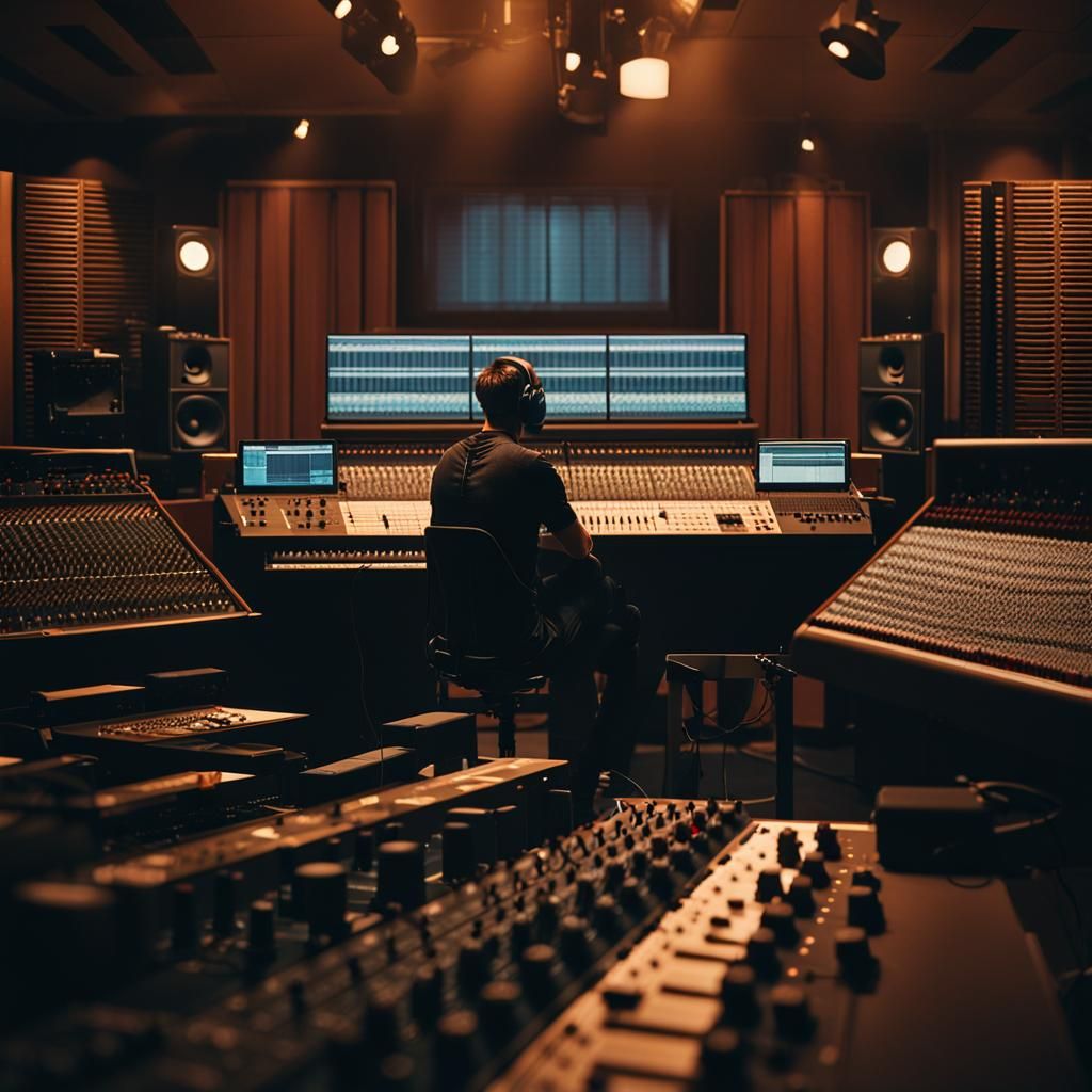 Cinematic Musician in a Dimly Lit Voice Studio