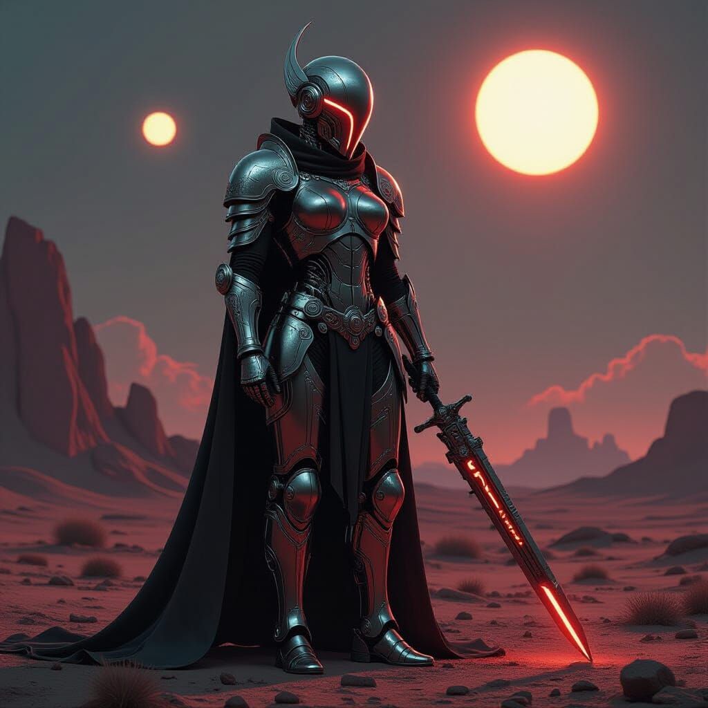 Biomechanical Warrior Stands Guard in Alien Wasteland