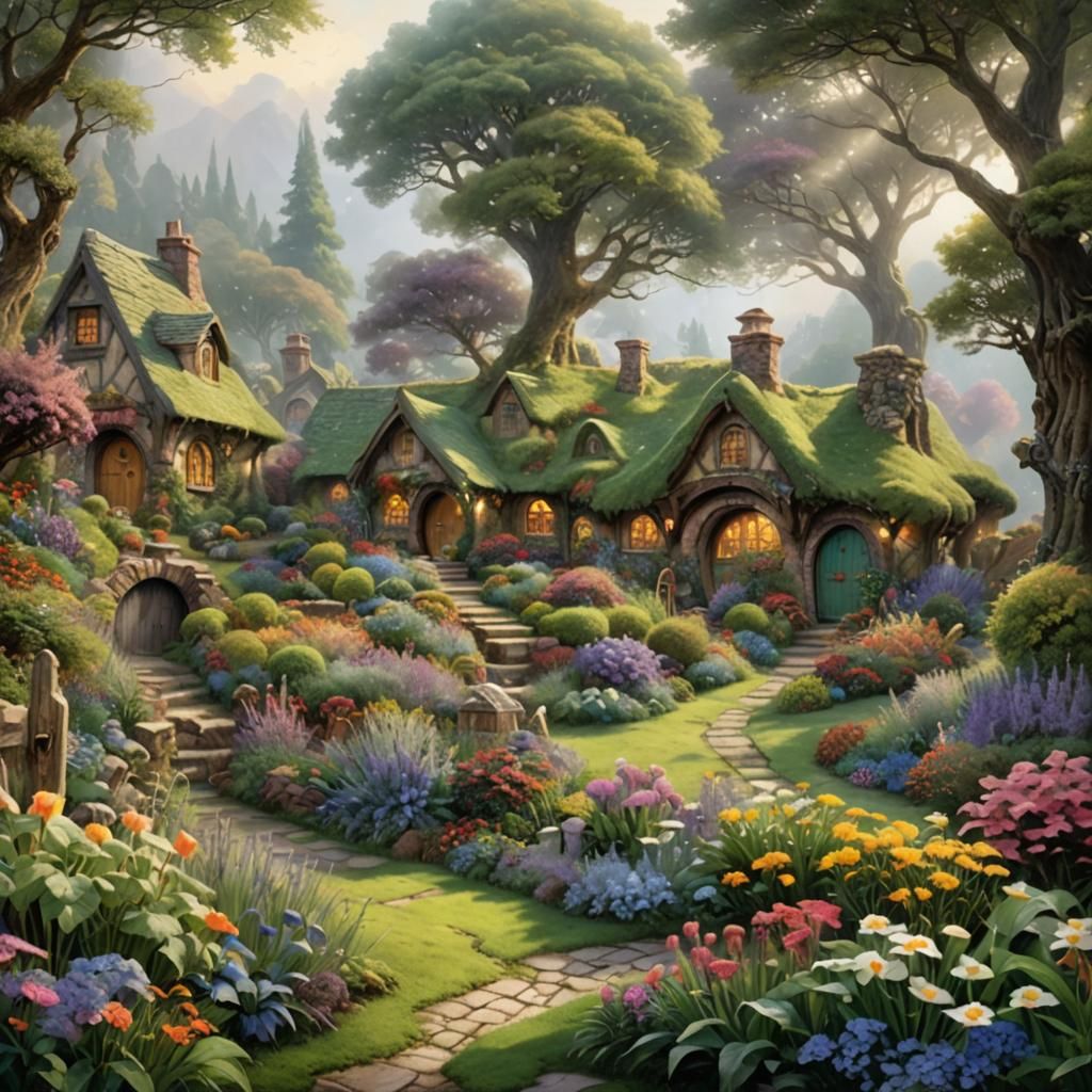 Ethereal Hobbit Gardener in a Kinkade Landscape