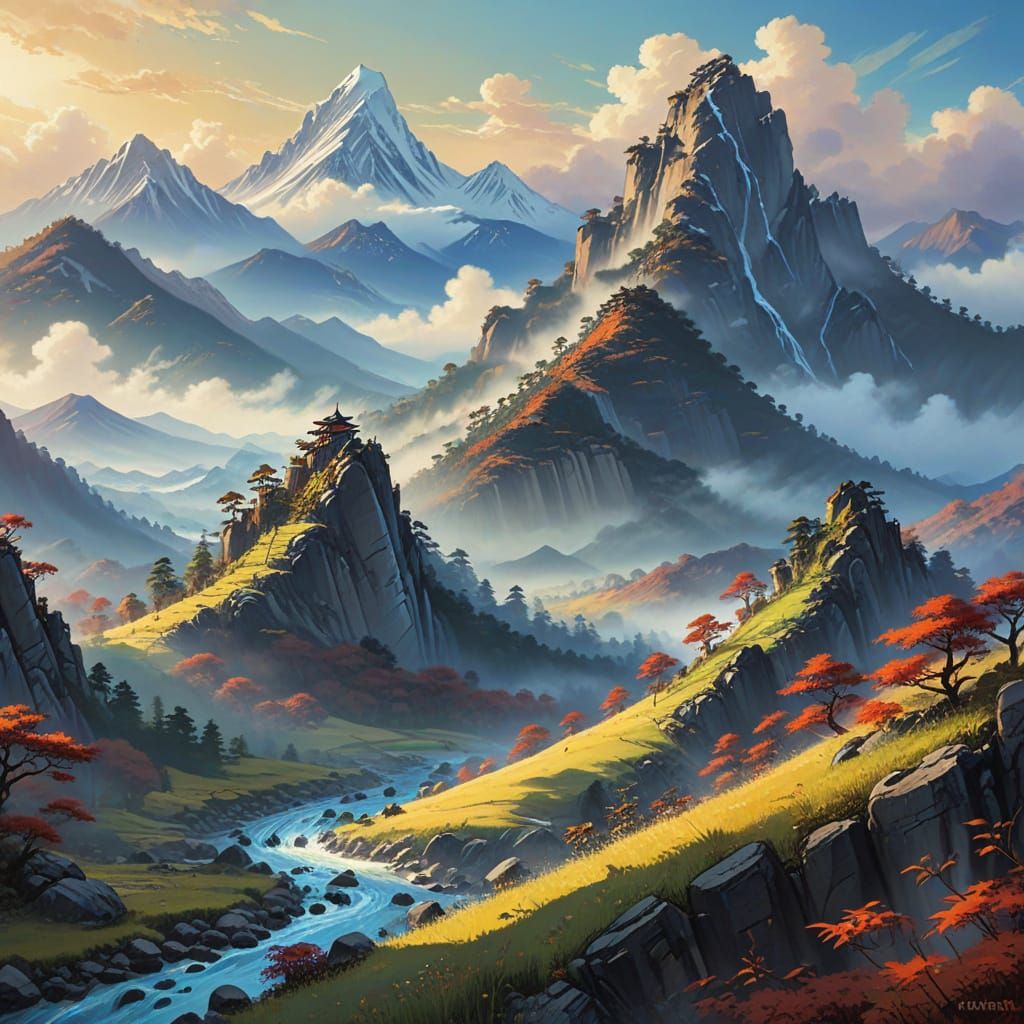 Vibrant Chinese Silk Painting of Serene Mountains