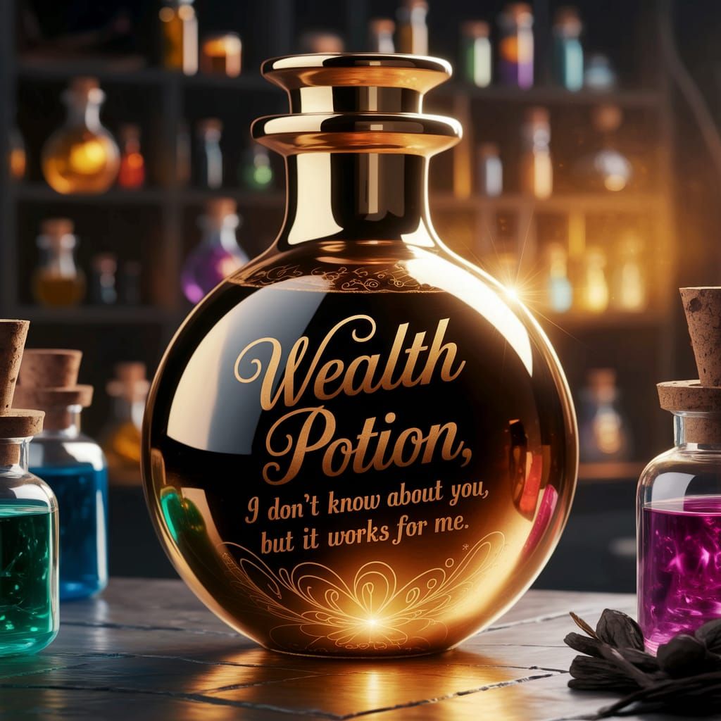 Luxurious Gold Potion Bottle in a Cozy Alchemist's Workshop