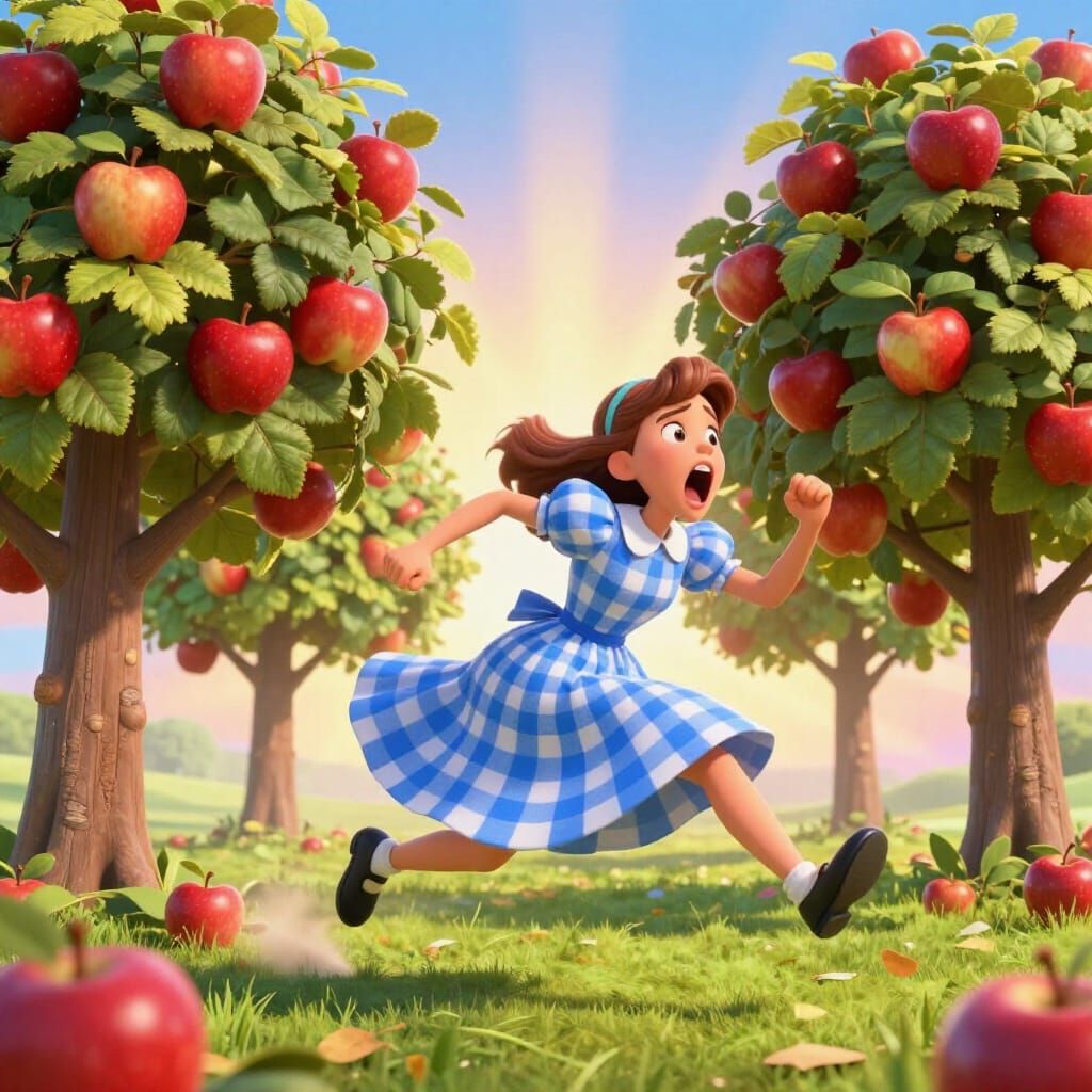 Dorothy Flees Apple Trees in Pixar Style