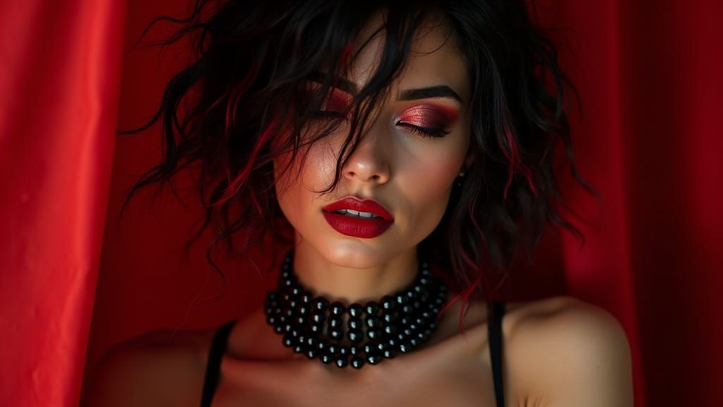 Latina Woman with Crimson Hair and Black Pearls