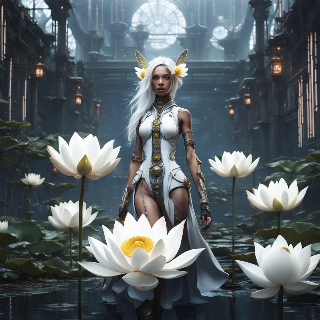 Cyberpunk White Lotus Fairy: Detailed Matte Painting