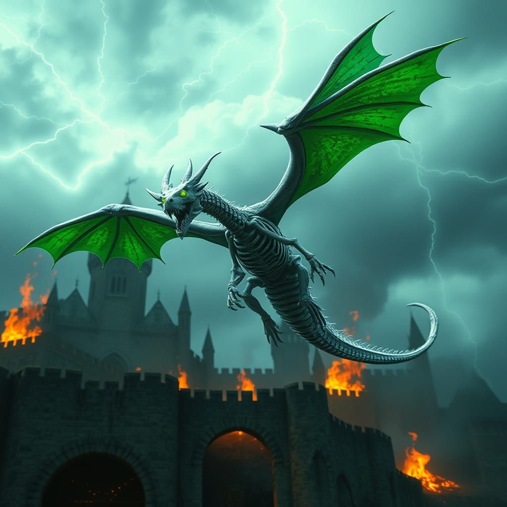 Skeleton Dragon Attacks Castle in Dark Fantasy Style