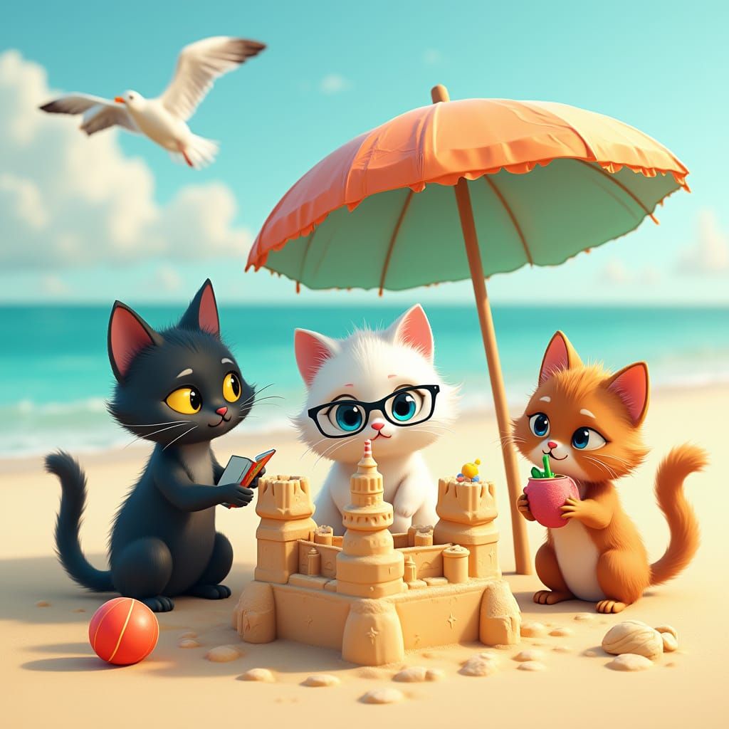 Three Feline Friends Bask in Sunny Beach Bliss