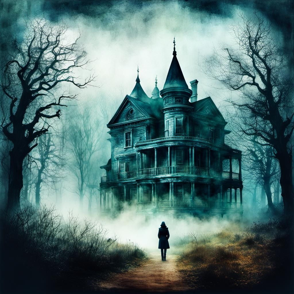 Eerie Library with Mist: Double Exposure Watercolor Art