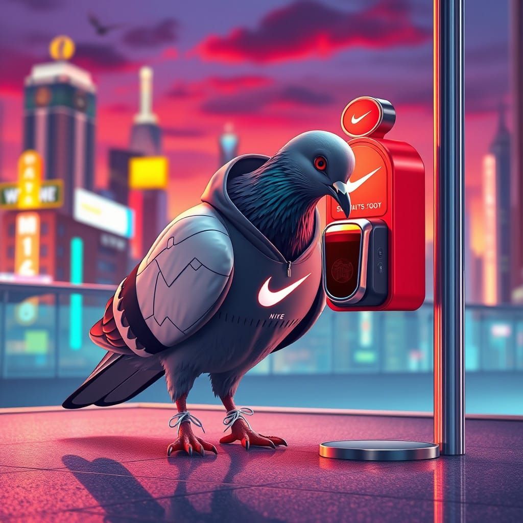 Pigeon in Futuristic Athleisure Wear Drinks from Neon Pigeon...