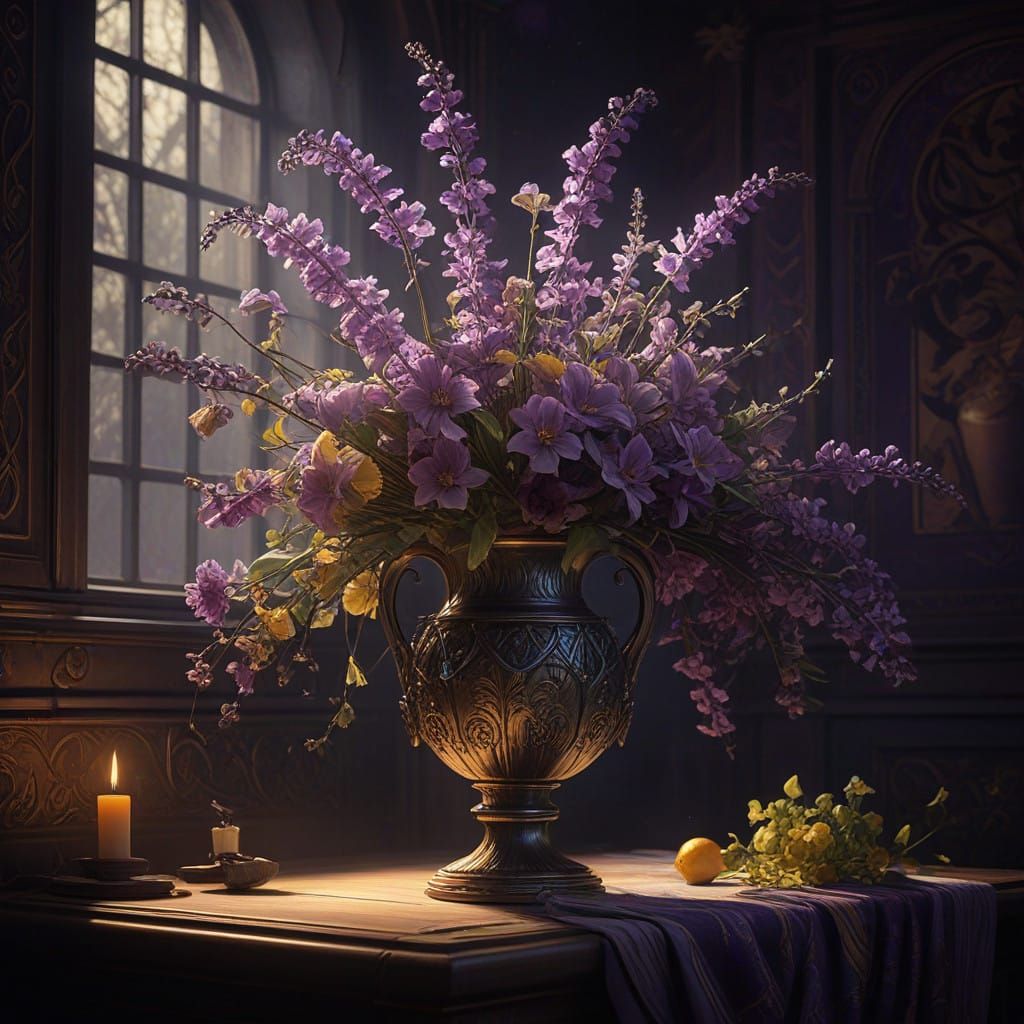 Ethereal Celtic Vase Blooms in Mysterious Darkness