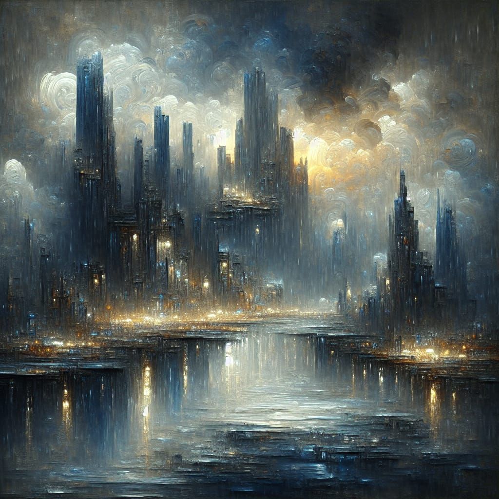 Bleak Alien Cityscape at Dusk in Post-Impressionistic Style