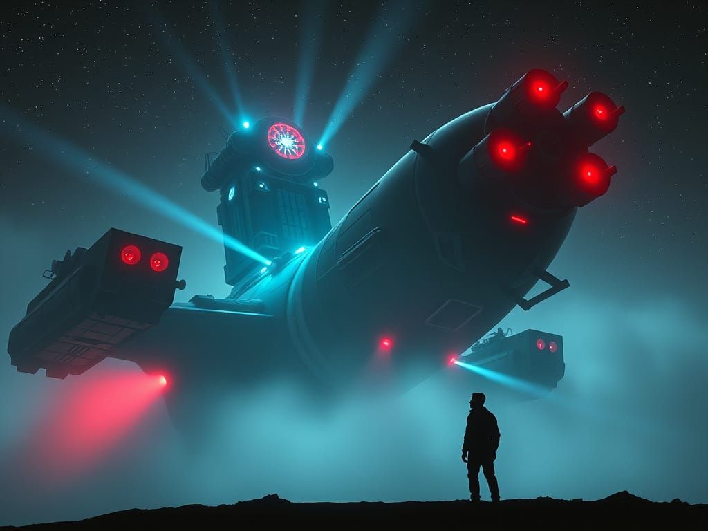 Surreal Futuristic Spacecraft in a Starry, Foggy Night Sky
