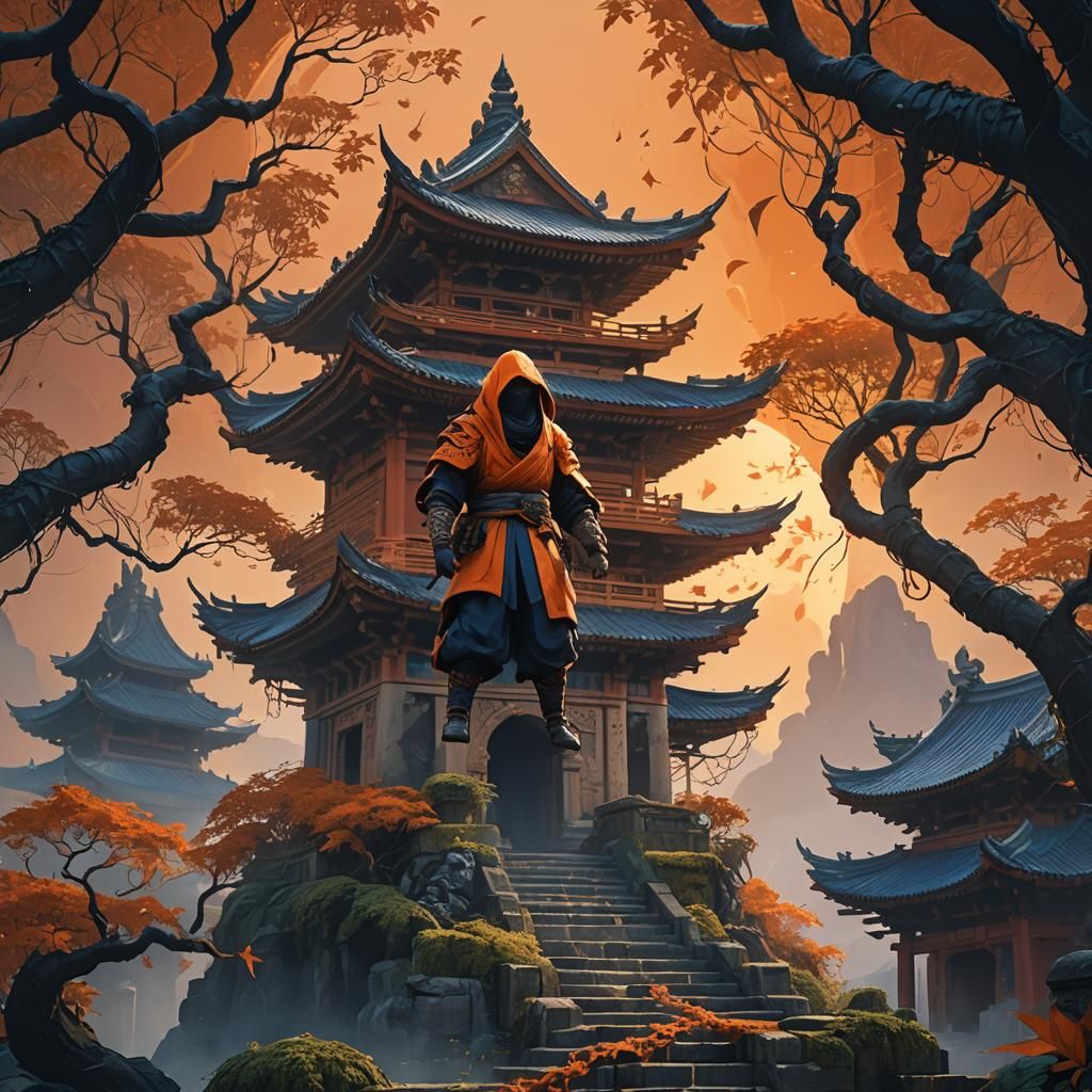 Orange Ninja on Ancient Temple Concept Art