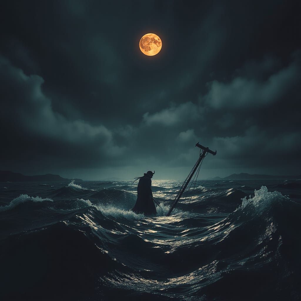 Menacing Presence in Devil's Sea Under Blood Moon