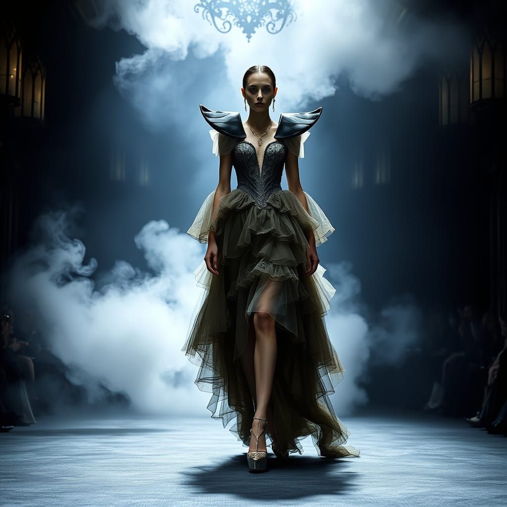Gothic Fashion Runway in Dimly Lit Elegance