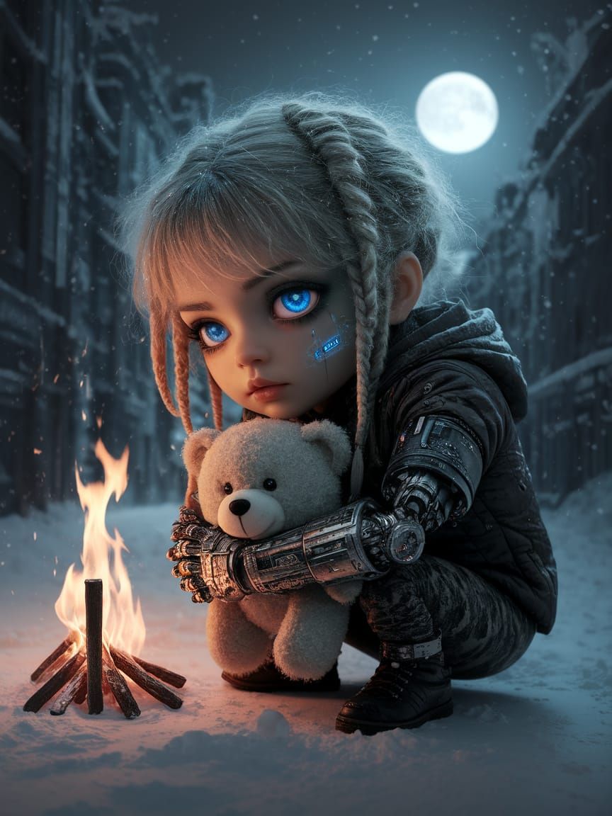 Cyberpunk Winter Chibi Girl in a Dystopian Cityscape