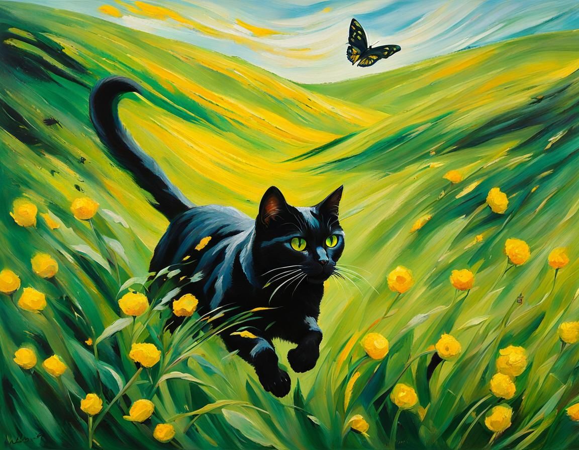 Energetic Black Cat Mid-Pounce in Expressionist Style