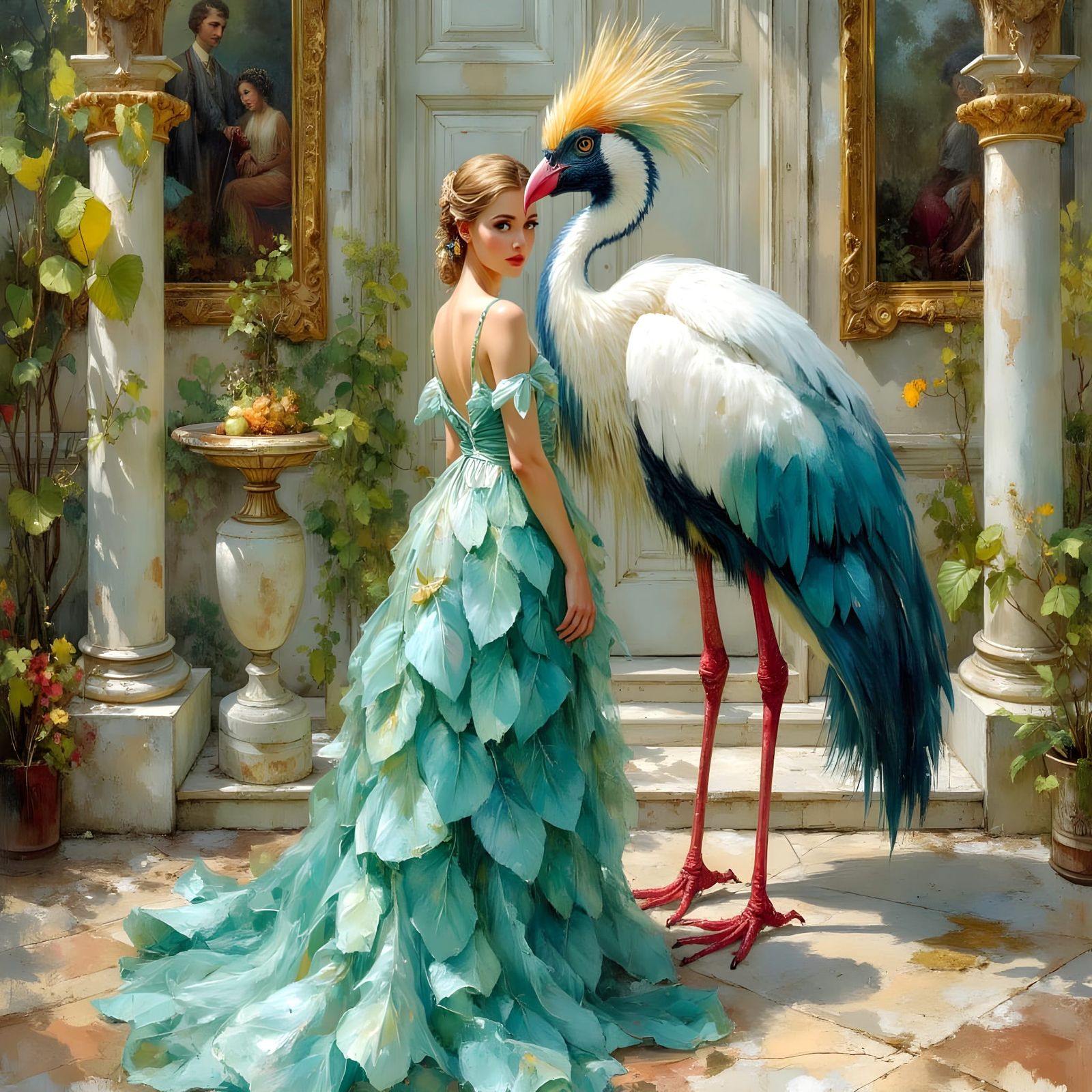Woman and Bird in Ornate Ballroom