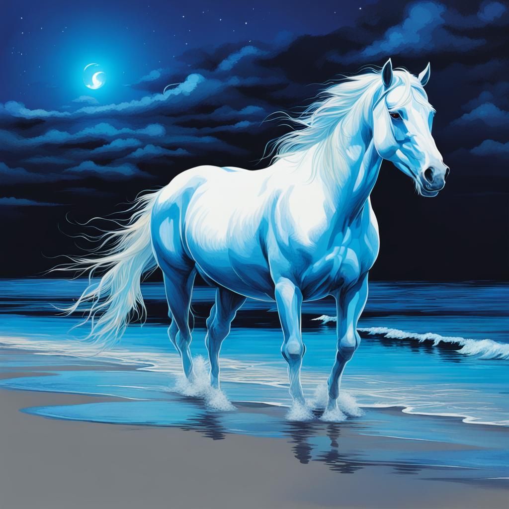 Bioluminescent Beach with White Horse