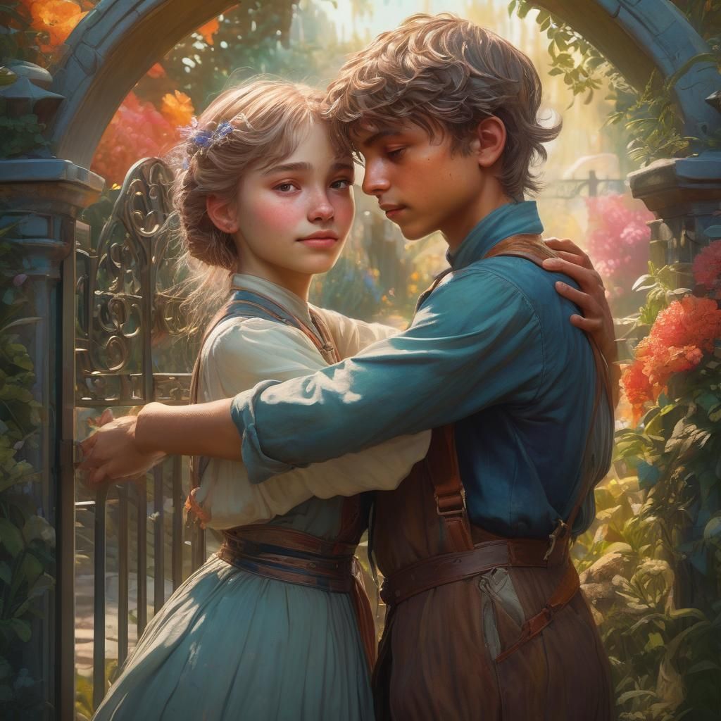 Magical Garden Gate: Hyperrealistic Vintage Portrait