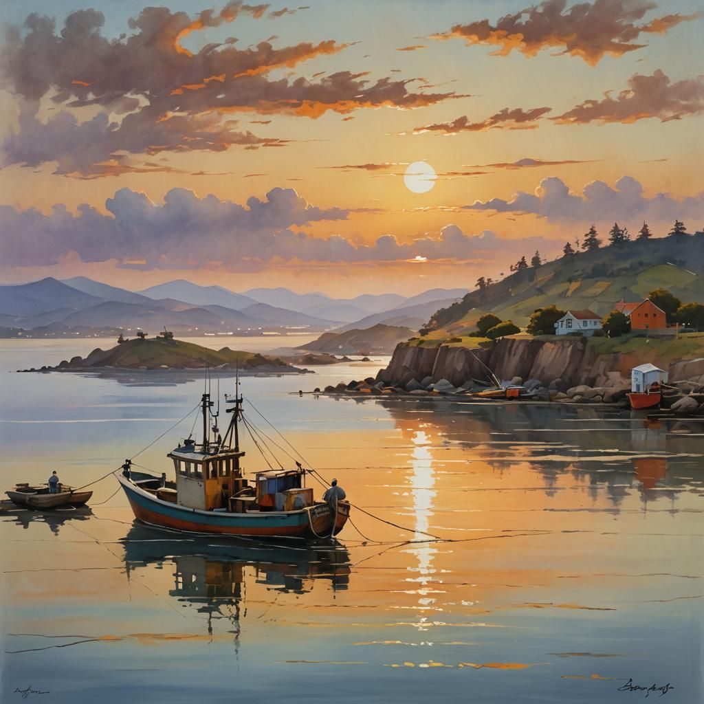 Fishing Boat Returns to Port at Sunset