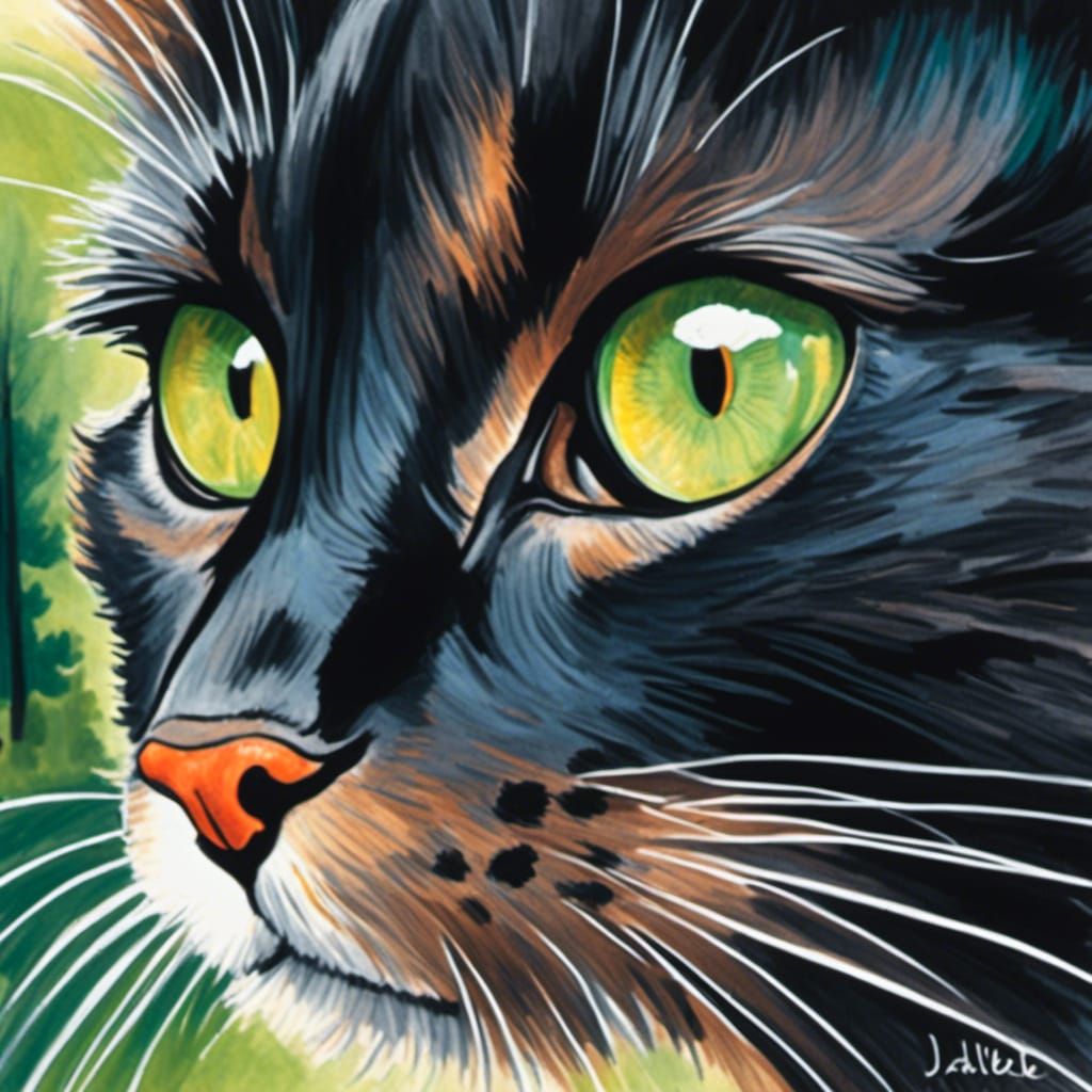 Colorful Pencil Drawing: Black Cat Reflecting Forest