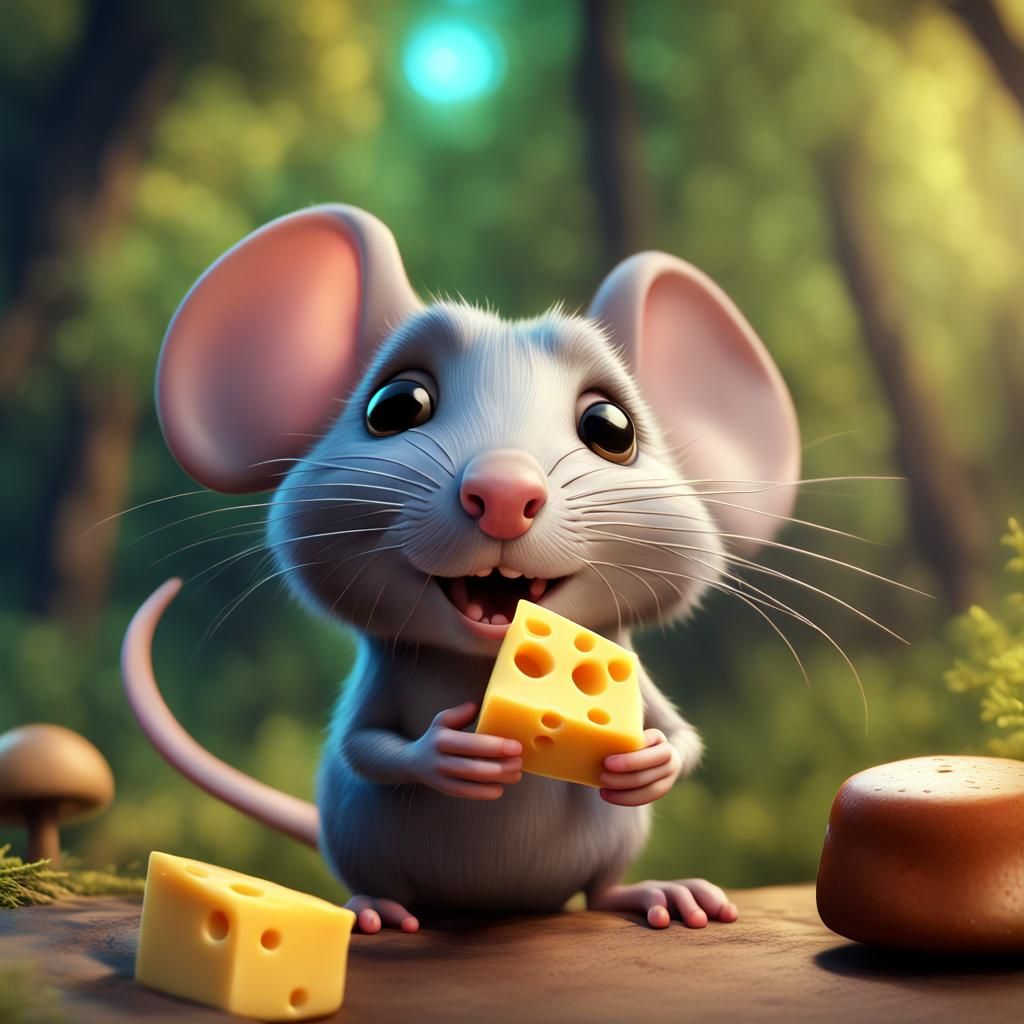 Cute Rat with Cheese and Mushrooms: 3D Digital Art