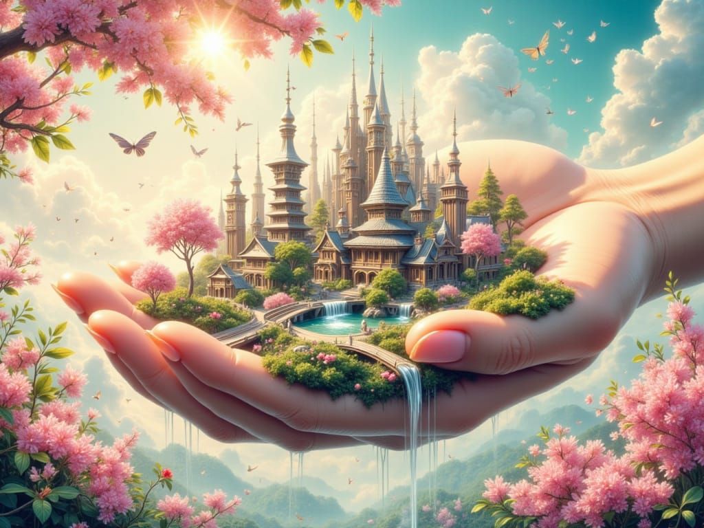 Tiny Japanese City in Hands, Milky Hues, Sunny Light