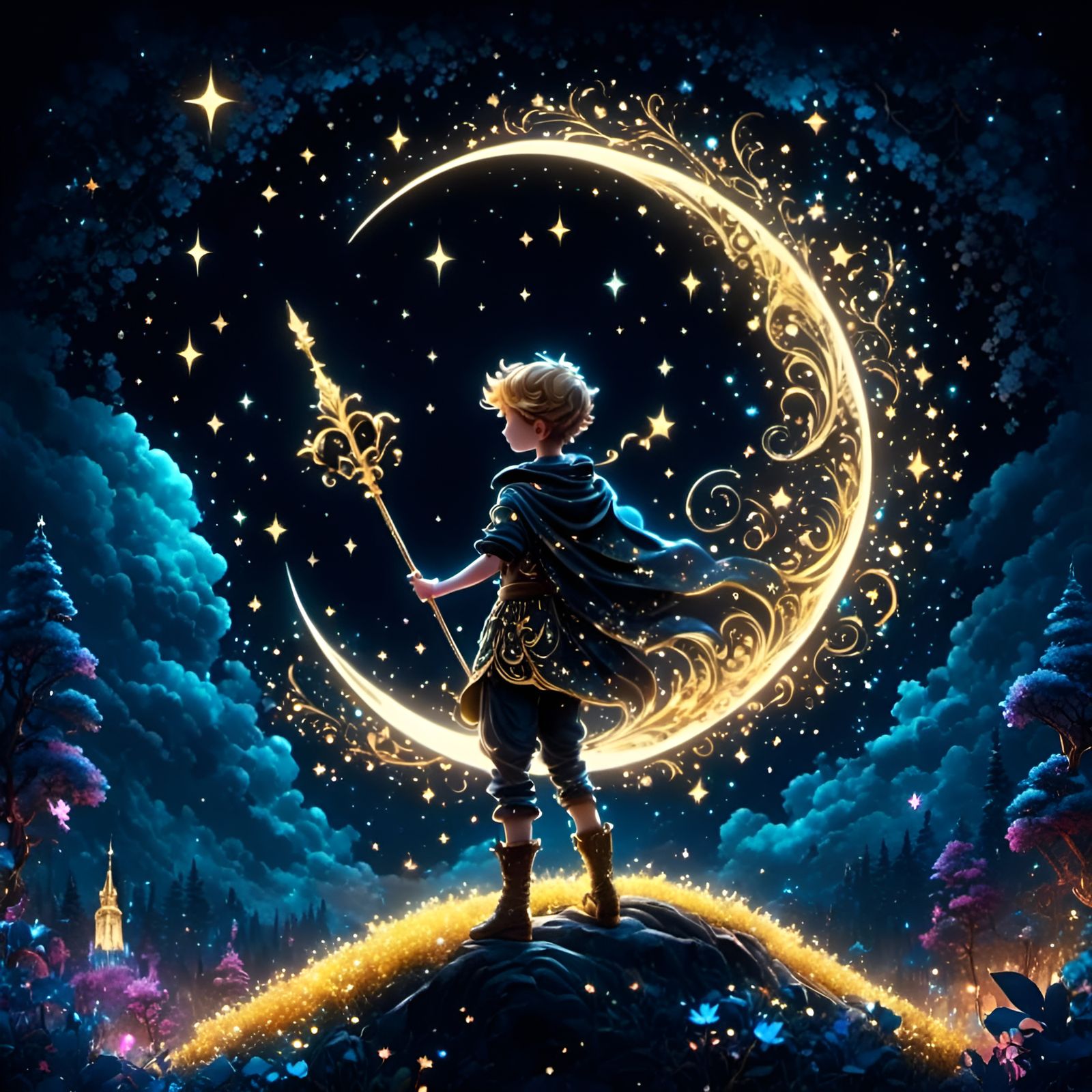 Cartoon Peter Pan in Starry Night Sky