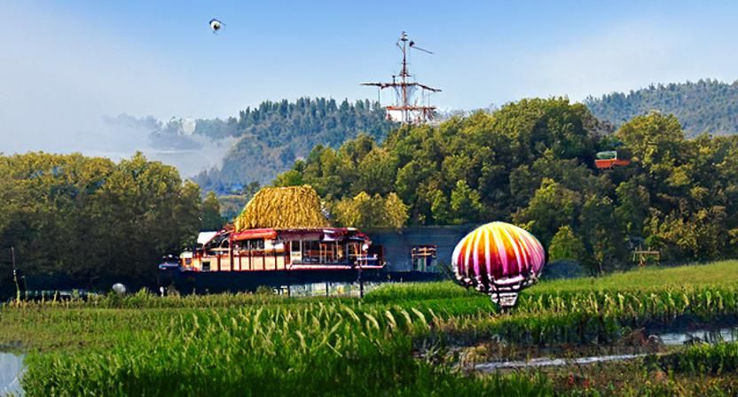 Hot Air Balloon Cruise Ship Over Countryside