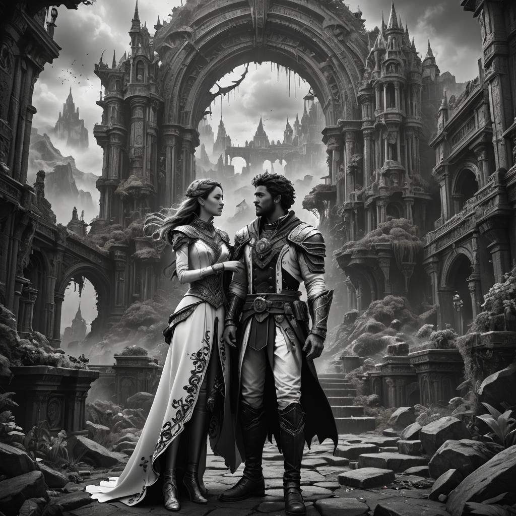Detailed Black and White Couple in Fantasy Art