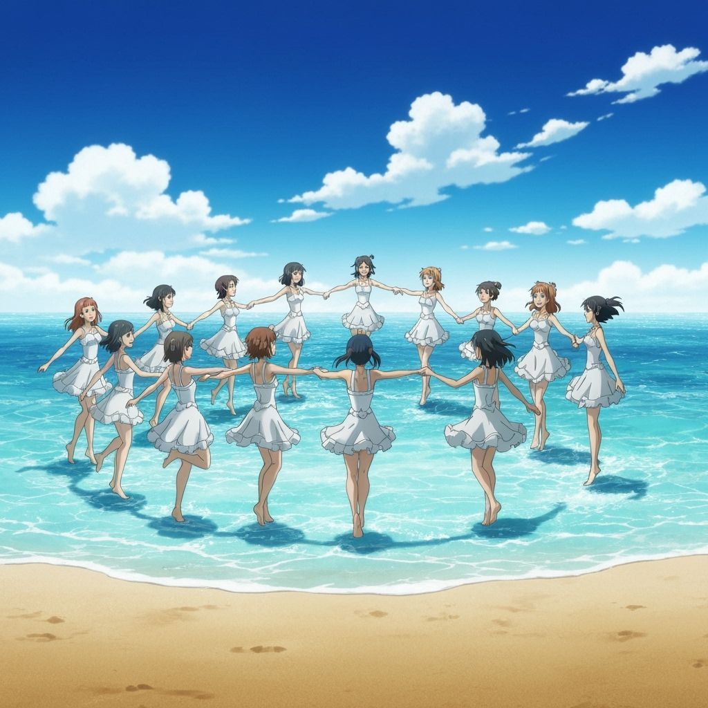 Water Nymphs Dancing on Beach in Anime Style
