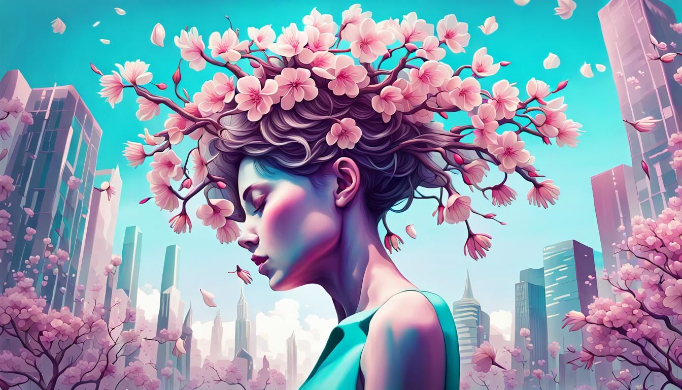 Surreal Cherry Blossom in Retro-Futuristic Cityscape