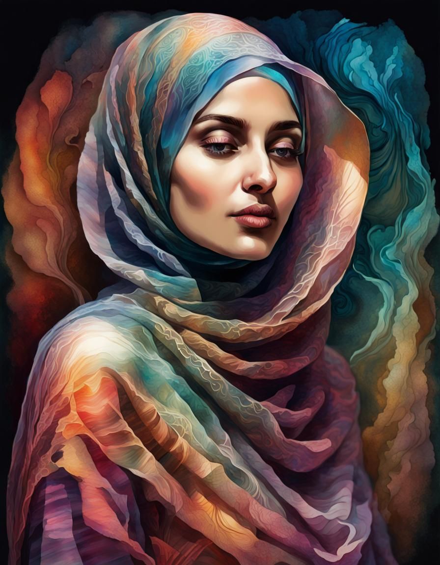 Psychedelic Hijabi Portrait in Storybook Illustration Style