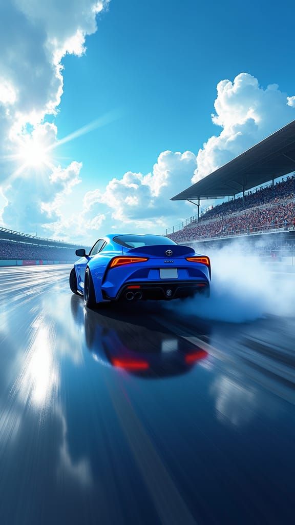 Toyota Supra Drifting on Glossy Wet Racetrack in Neon-Lit Ci...