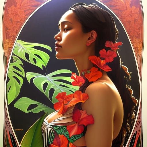 Art Nouveau Hawaiian Woman with Volcano