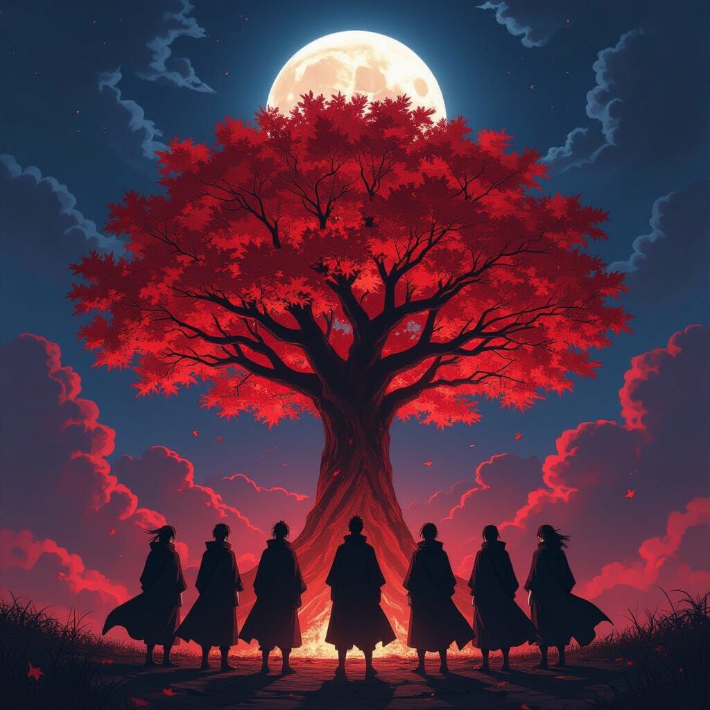 Akatsuki Under Red Maple Tree in Anime Style