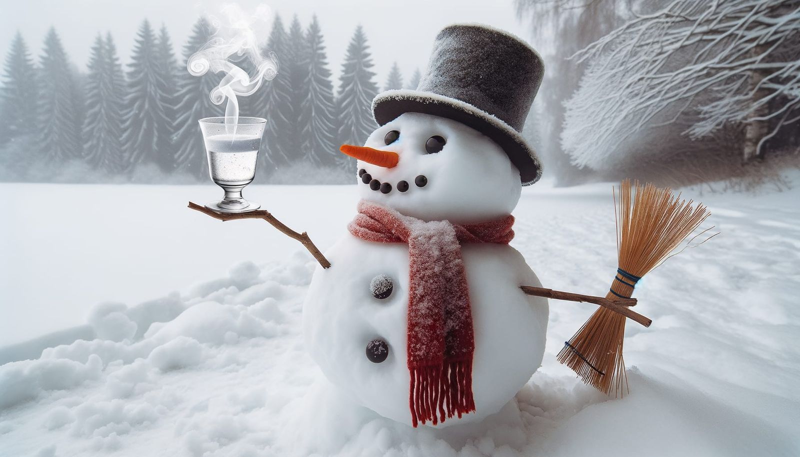 Winter Wonderland Snowman Smokes in Whimsical Winter Scene