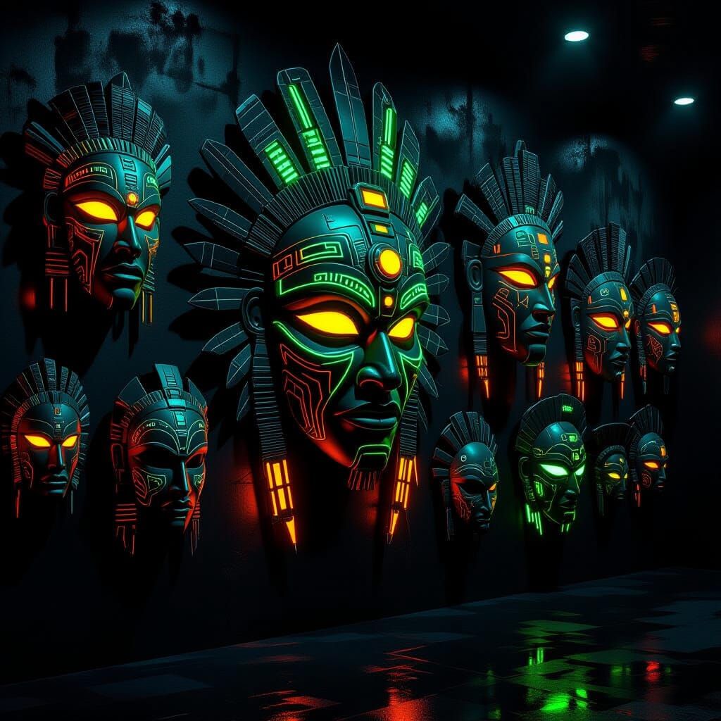 Futuristic Tribal Masks Glow on Dark Gallery Wall