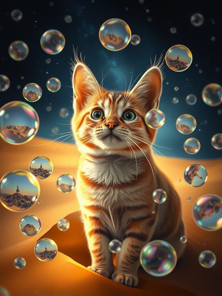 Dreamy Sand Dune Cat in Bubble Vortex