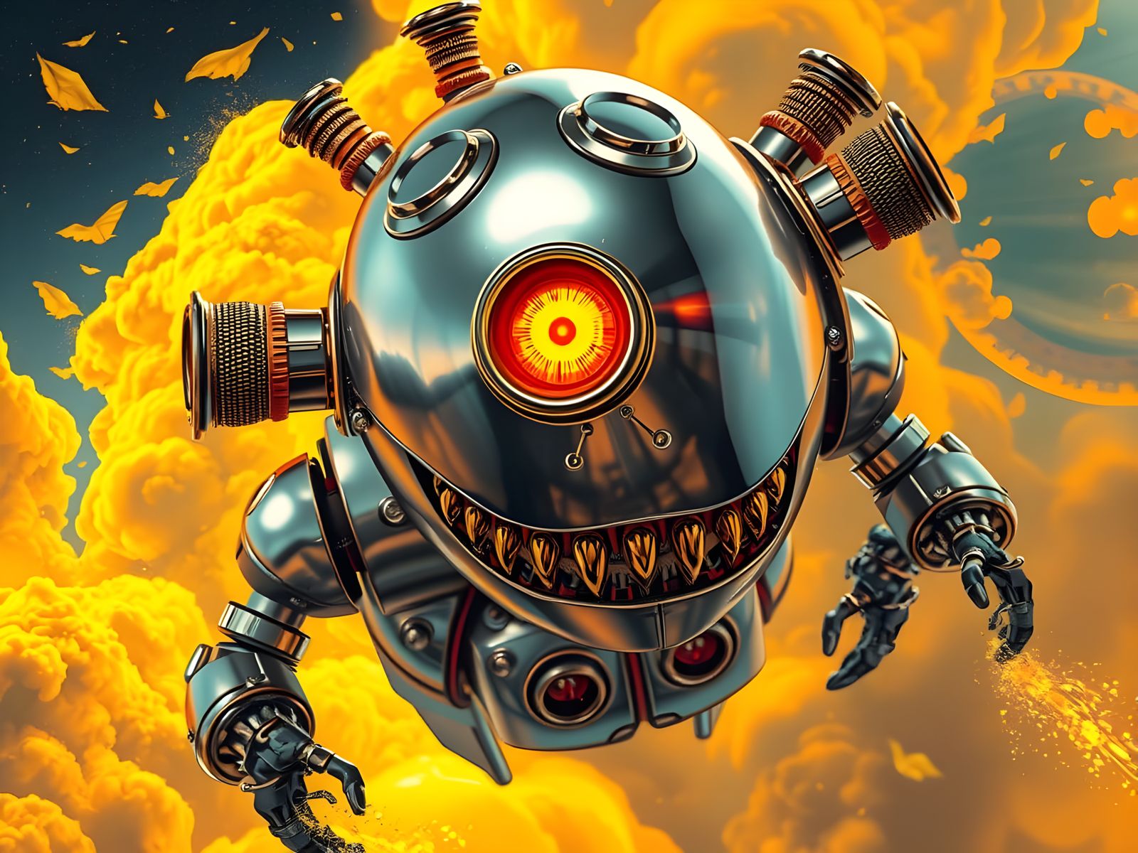 Steampunk Robot Flies Through Yellow Clouds