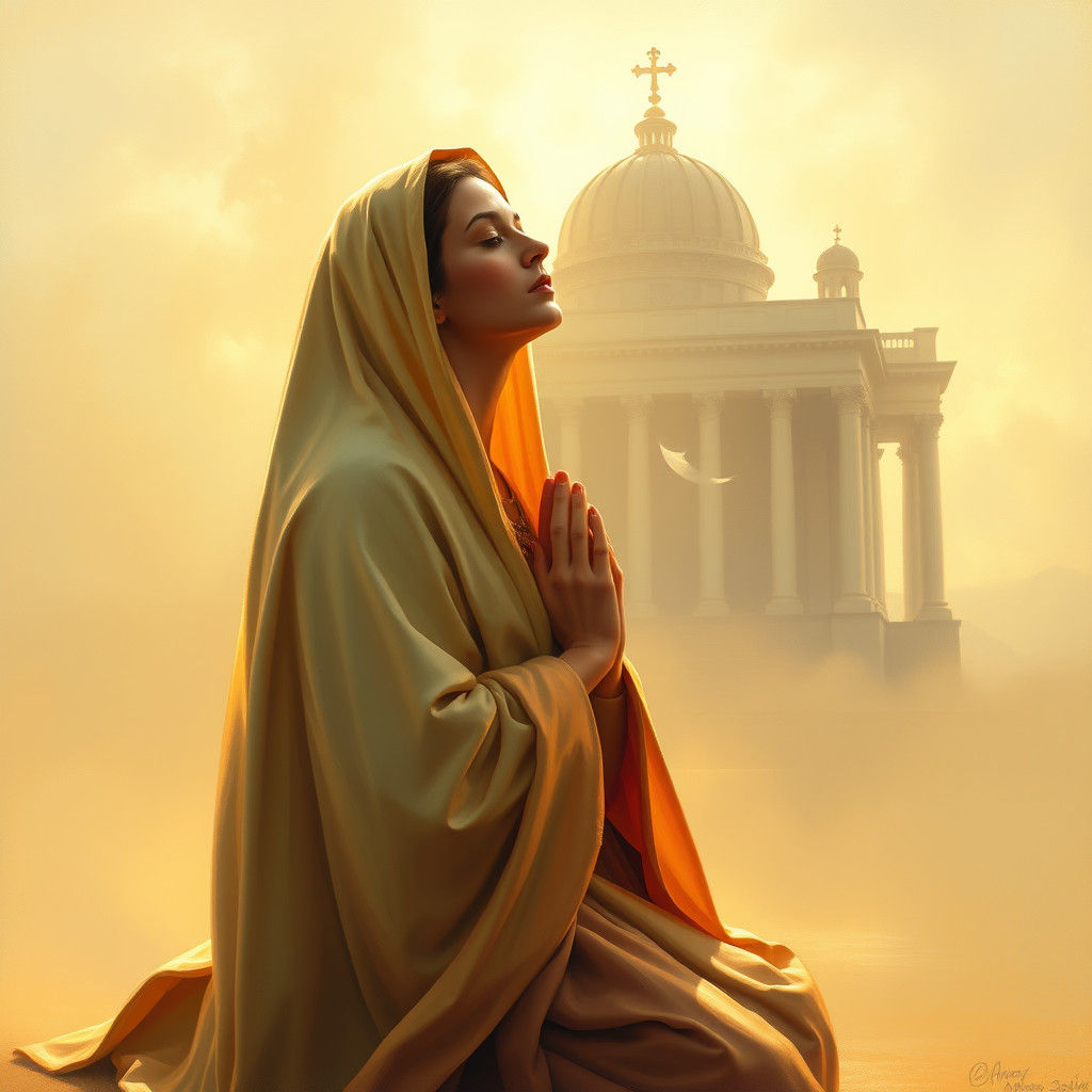 Virgin Mary Praying in Heavenly Temple, Atmospheric Oil Pain...