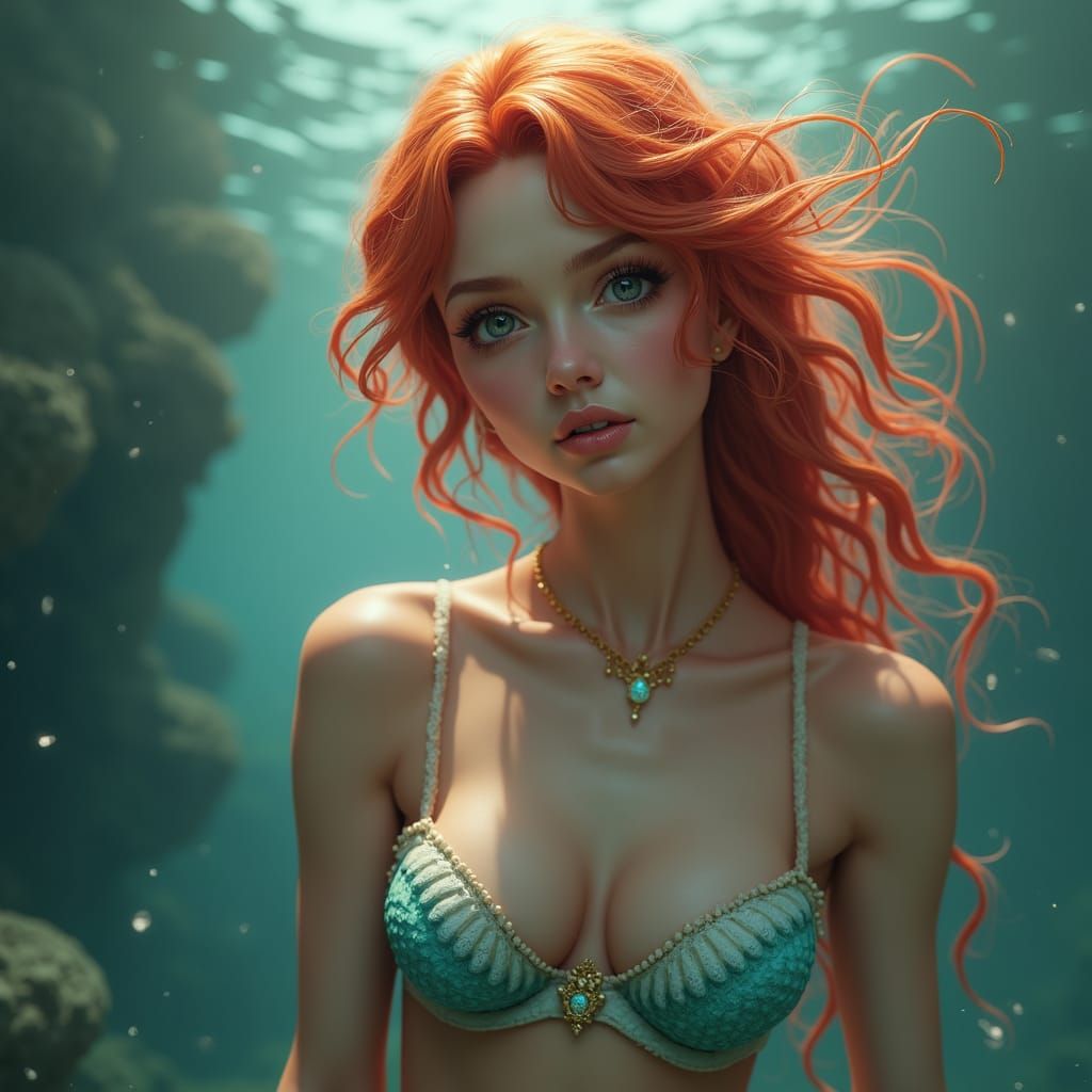 Redhead Mermaid Portrait in Art Nouveau Style
